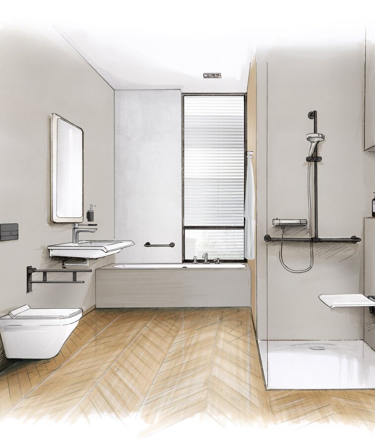 Skizze eines barrierefreien Bads mit Waschplatz, Duschbereich und WC ausgestattet mit HEWI System 900 in Schwarz