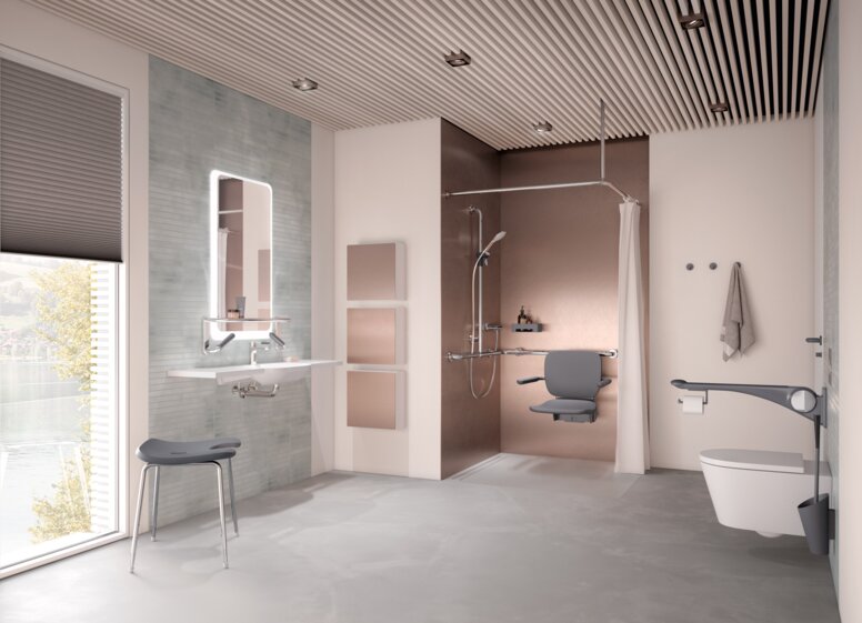 Barrier-free care bathroom with washbasin, shower area and WC